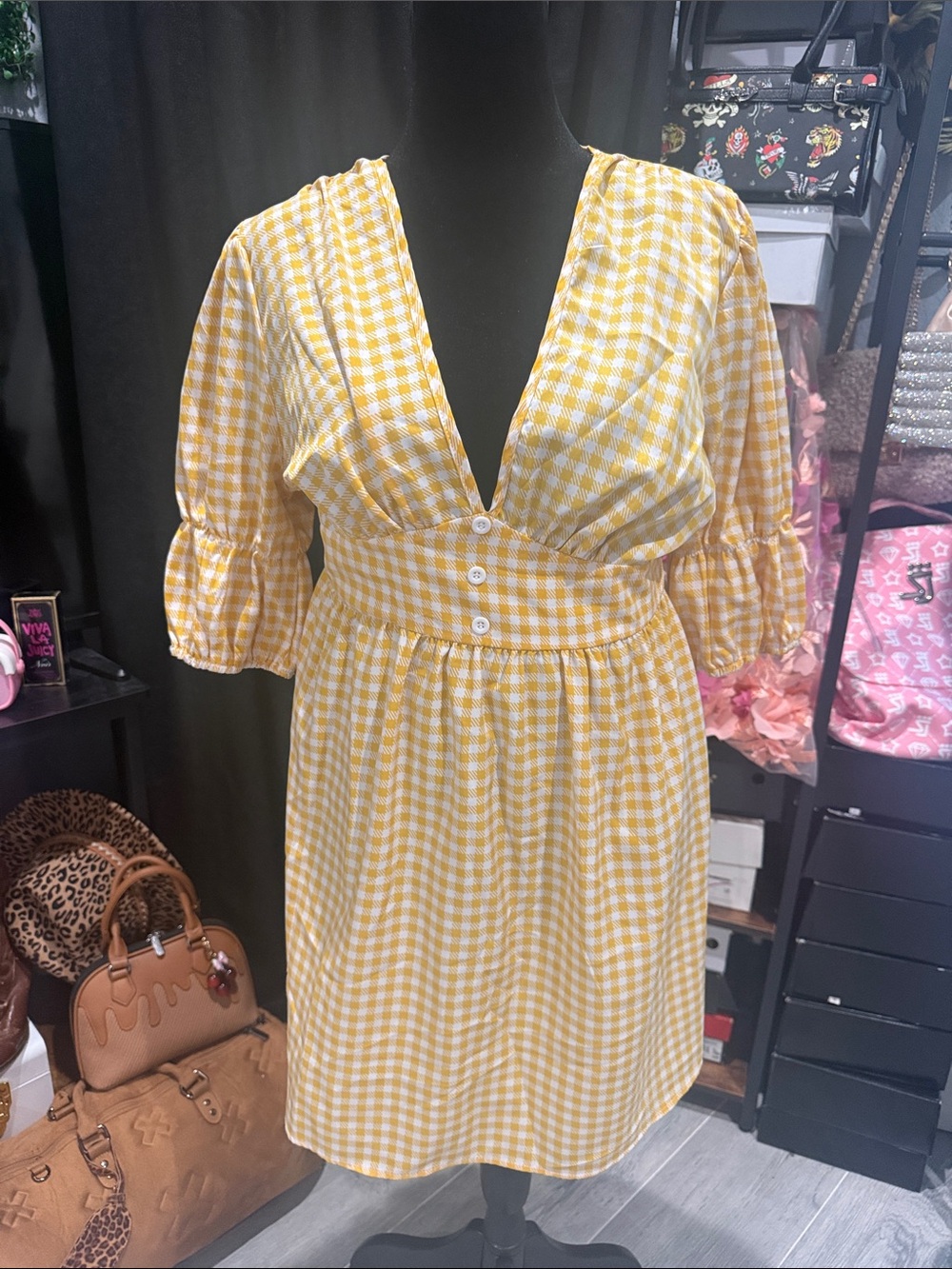 Women’s Yellow Gingham V-Neck Button-Waist Dress